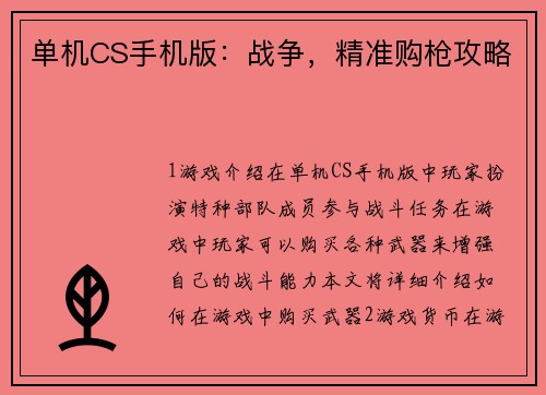 单机CS手机版：战争，精准购枪攻略
